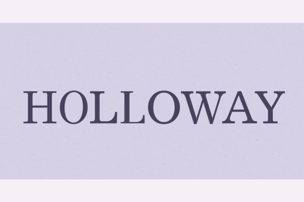 Brand logo the word HOLLOWAY in dark purple serif on a pale lavender background